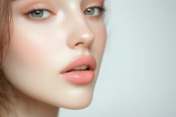 Fototapeta premium Close-up photo of a beautiful young woman's face with fresh and smooth skin and pink lips with a light background _ smooth skin with skin and body care , ai