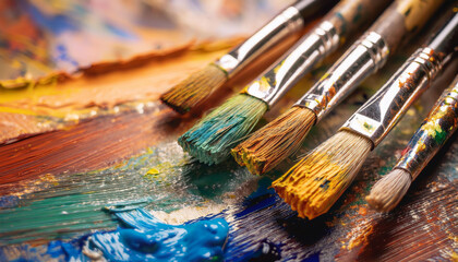 Obraz premium Well-used paint brushes with traces of colorful paint. Wet paint. Hobby and leisure concept.