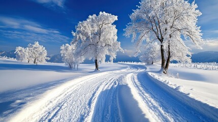 Obraz premium A snow-covered landscape with frosted trees under a clear blue sky and winding tracks in the snow - AI Generated Digital Art.
