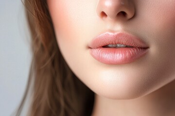 Fototapeta premium Close-up photo of a beautiful young woman's face with fresh and smooth skin and pink lips with a light background _ smooth skin with skin and body care , ai