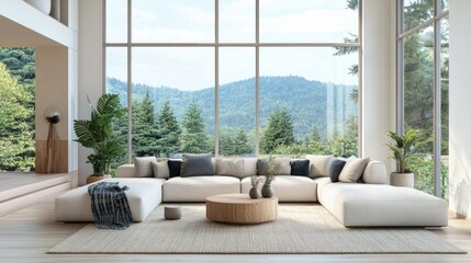 Bright and airy living room with large windows, modern decor, and copy space around