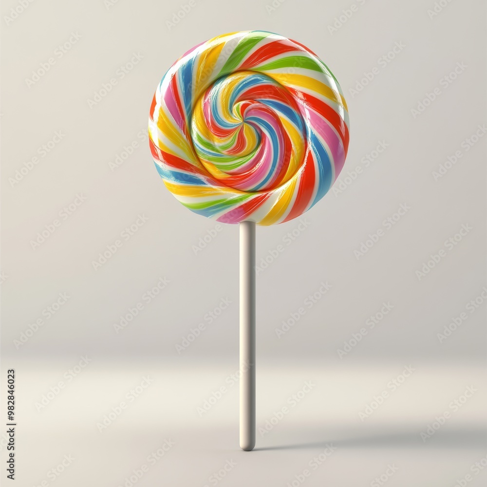 Poster detailed 3d rendering of a colorful candy lollipop with a swirl pattern, isolated on a plain backgro