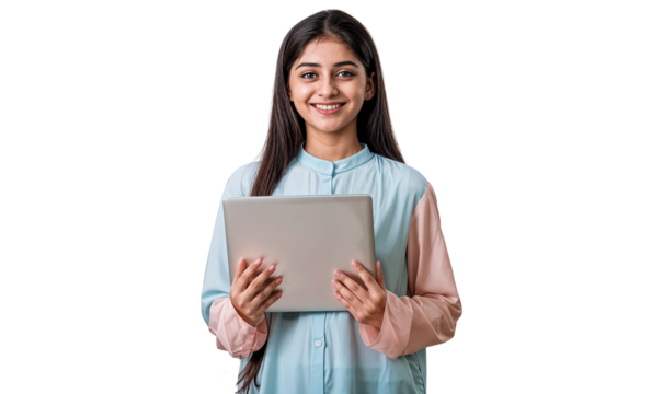 Portrait of a smiling young female college student holding a laptop, isolated on transparent background