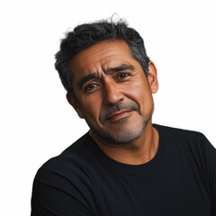 Fototapeta premium Thoughtful middle-aged man looking serious, wearing a black shirt, isolated against a transparent background