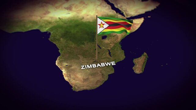 The Flag of Zimbabwe on the World Map, Zimbabwe map with flag 3d animation