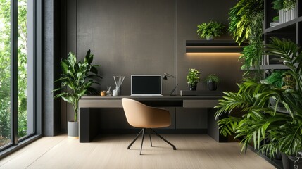 Contemporary home office with a sleek desk and chair, surrounded by plants and space for text