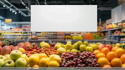 A white advertisement sign positioned above the fruit section in a store. Below, there are vibrant displays of fresh fruits like apples, oranges, and berries.