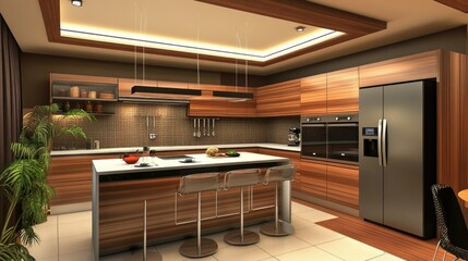 Contemporary kitchen with sleek appliances, a breakfast bar, and space for copy or design