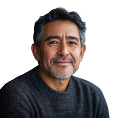 Mature man with gray hair looking content, wearing a dark sweater, isolated on a transparent background