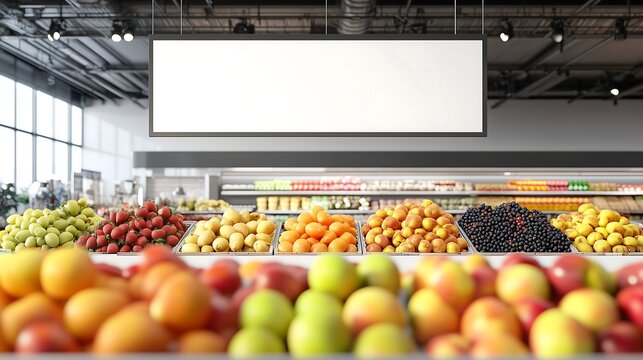 A white advertisement sign positioned above the fruit section in a store. Below, there are vibrant displays of fresh fruits like apples, oranges, and berries.