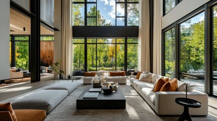 Fototapeta premium Contemporary living room with large windows, decorative accents, and space for copy or branding