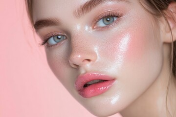 Close-up photo of a beautiful young woman's face with fresh and smooth skin and pink lips with a light background _ smooth skin with skin and body care , ai