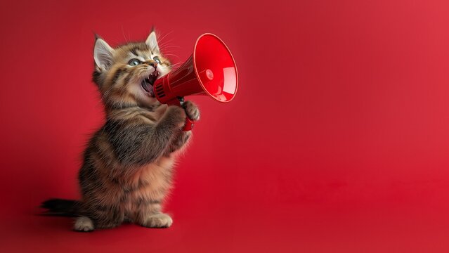 Lustige Katze br&uuml;llt ins Megafon: Witzige Werbung f&uuml;r Aktionen. Niedlicher Fellfreund als aufmerksamkeitsstarker Promoter. Virales Marketing-Potenzial