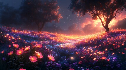 Fototapeta premium A surreal scene of a sunset illuminating a vast field of glowing wildflowers in vibrant pinks, purples, and oranges, creating a dreamy, enchanting atmosphere.