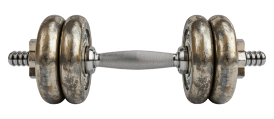 A classic metallic dumbbell lies flat against a transparent background, fitness and weight training.