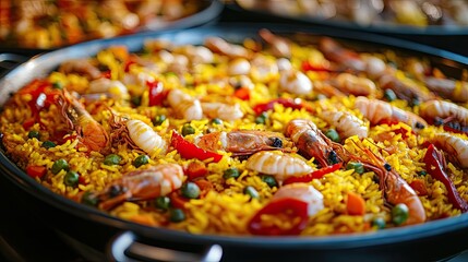 Traditional Spanish paella filled with seafood, saffron rice, and colorful vegetables, cooked to perfection.