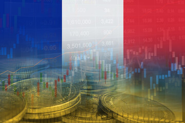Stock market investment trading financial, coin and France flag or Forex for analyze profit finance business trend data background.