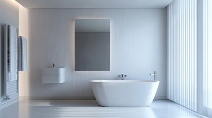 Minimalist bathroom interior with sleek fixtures and a large mirror, offering ample space for text or branding