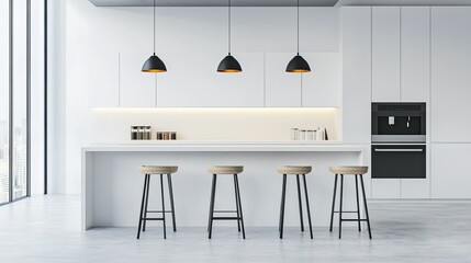 Minimalist kitchen interior with a breakfast bar, modern appliances, and copy space around