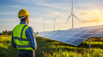 Green energy company scaling up through sustainable growth, with engineers installing new solar panels and wind turbines