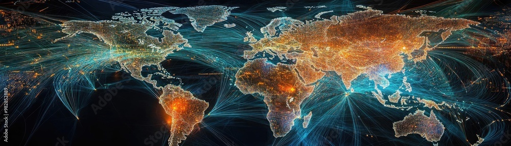 Poster a vibrant map of the world, showcasing intricate connections and data flows across continents in a m