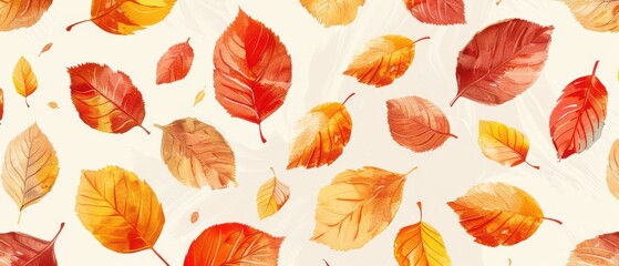 Seamless pattern of autumn leaves in warm orange and blue shades on a soft background. Free copy space for text.