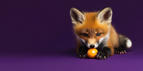 Fototapeta premium Playful fox cub with a ball on purple background