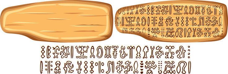 Undeciphered gryph Rongorongo on Easter island  or Rapa Nui. Isolated vector cartoon wooden panel. Undeciphered captions ancient peoples. Signboard with old texts. Gui elements for computer and board 