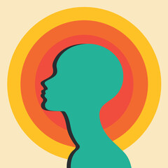 Bald woman profile silhouette. Bald girl portrait or avatar in bright colors. Vector illustration
