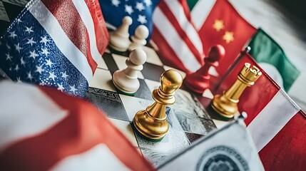 Currency War: Chessboard of Nations: Flags of major economies surround a chessboard. The gold piece—the silent arbiter of value. 