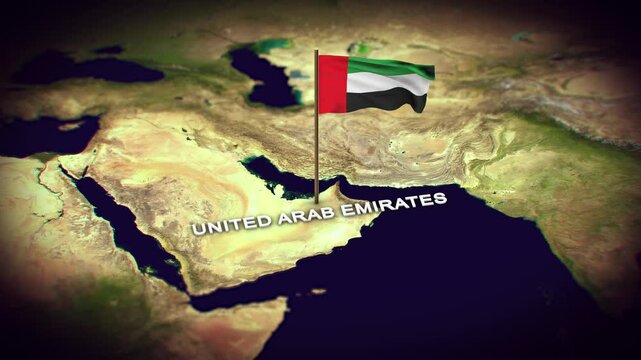 The Flag of United Arab Emirates on the World Map, United Arab Emirates map with flag 3d animation