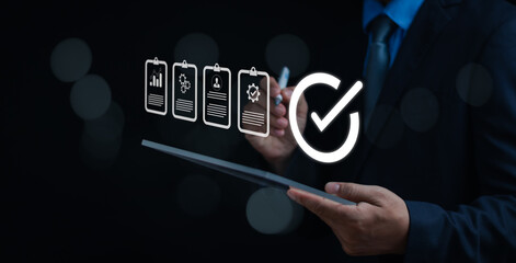 concept of quality control, certification, best quality assurance, service guarantee, businessmen show management according to standards or make it meet global regulatory requirements