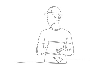 Warehouse worker brings list of goods. Warehousing concept one-line drawing