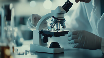 Close up of microscope in science lab, being used by a scienctist in a white lab gown