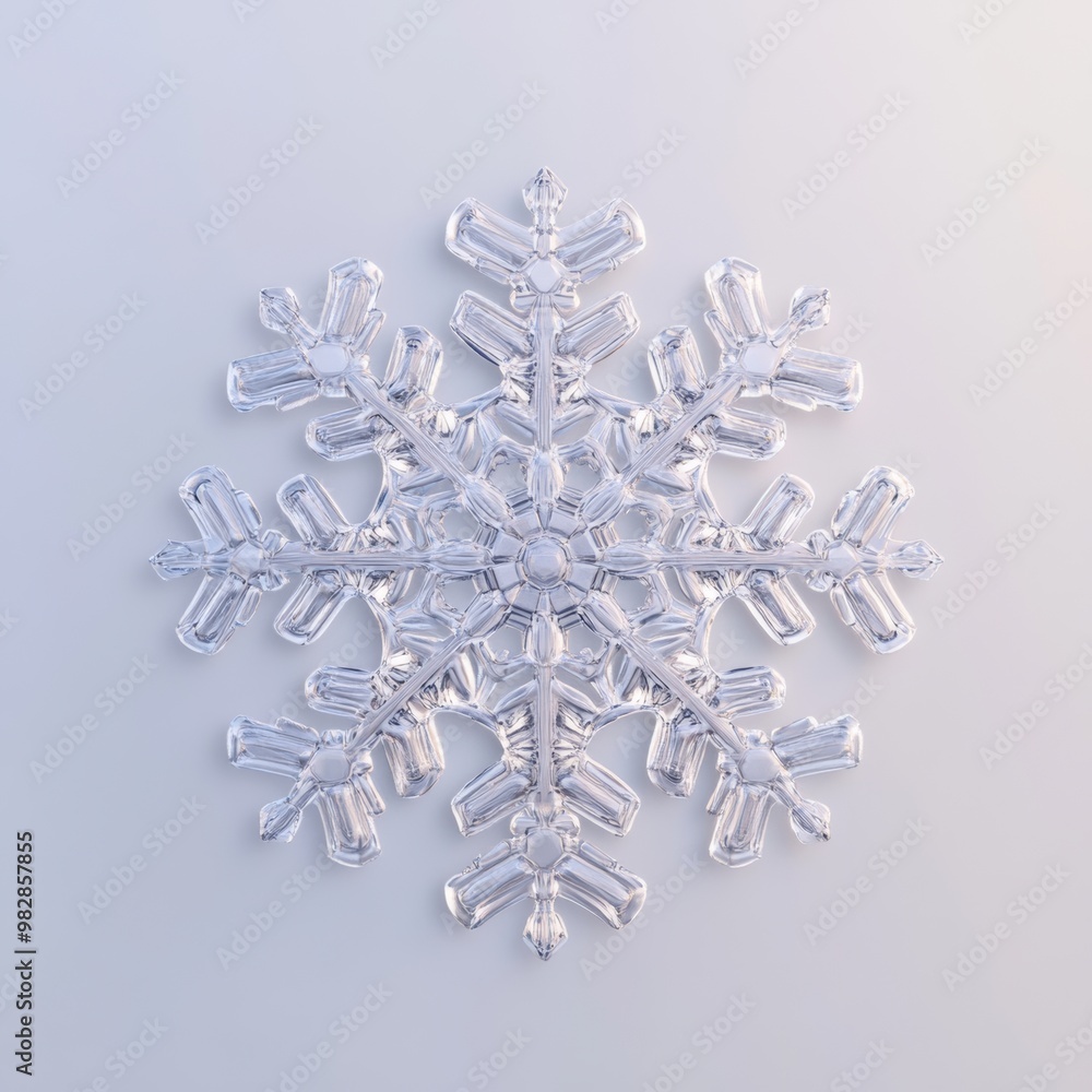 Poster minimalist 3d design of a single snowflake with a delicate pattern, rendered in a translucent, frost