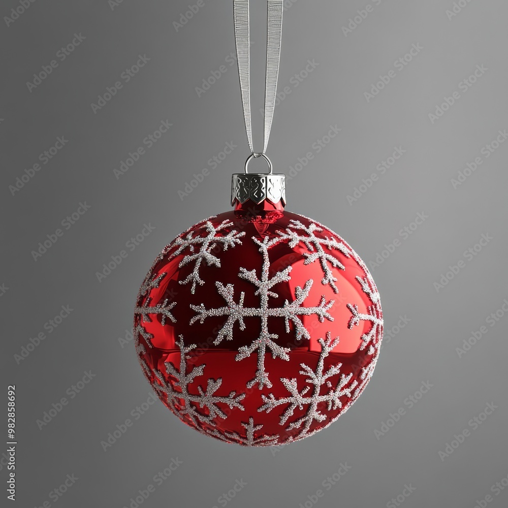 Poster realistic 3d model of a shiny red ornament with intricate snowflake patterns, hanging from a silver 
