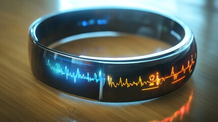 A futuristic wearable device monitoring vital signs in real-time, displaying heart rate, oxygen levels, and sleep patterns on a sleek digital interface, revolutionizing personal healthcare.