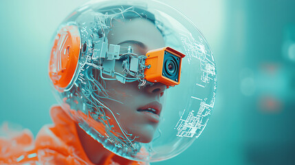 Cyborg Woman with Digital Headgear and Camera