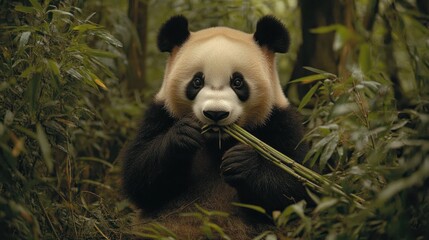 Obraz premium A gentle giant panda chews on bamboo in a lush Chinese forest reserve, symbolizing successful conservation efforts that have helped stabilize its population, though it remains endangered.