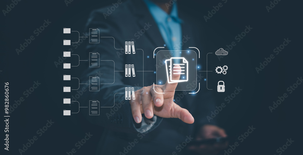 Poster dms, document management system concept or digital file storage and database, businessman hand touch