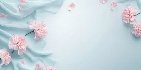 Soft pastel background with pink carnations and delicate fabric, ideal for floral designs.