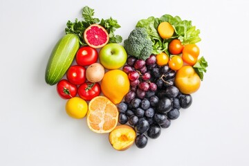 Fruits and vegetables concept, Fruits and vegetables in heart shape on white background, ai