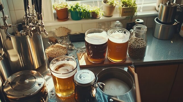 A homebrewing setup with various ingredients laid out, including malt, hops, and yeast, as an amateur brewer prepares to craft a batch of beer in their kitchen.