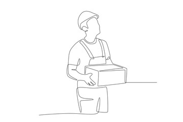 Warehouse workers are placing goods. Warehousing concept one-line drawing