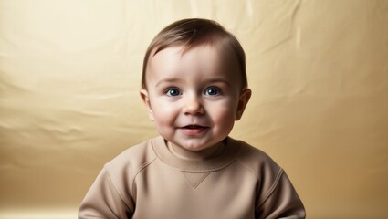 Fototapeta premium A smiling baby with bright eyes against a tan backdrop