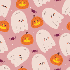 seamless pattern cartoon halloween pumpkin and ghost. cute halloween wallpaper for fabric print, gift wrap paper