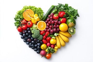 Fruits and vegetables concept, Fruits and vegetables in heart shape on white background, ai