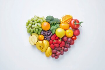 Fruits and vegetables concept, Fruits and vegetables in heart shape on white background, ai