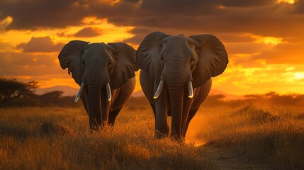 Obraz premium A pair of African elephants walks through a savannah at dusk, their large tusks a reminder of the poaching threat they face, as conservationists work to safeguard these giants.