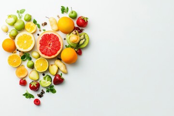 Fruits and vegetables concept, Fruits and vegetables in heart shape on white background, ai
